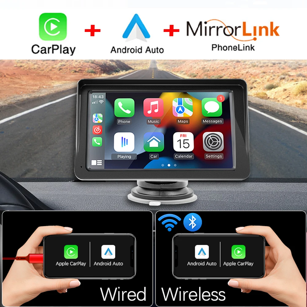 7 Inch Multimedia Player Screen WIFI Video Carplay & Android Auto ...