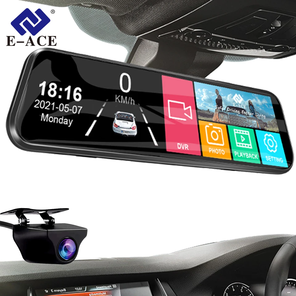 E-ACE 10 Inch Car DVR Mirror Video Recorder 1080P Touch Screen Dashcam For Car AHD Lens Streaming Driving Recorder Dash Camera