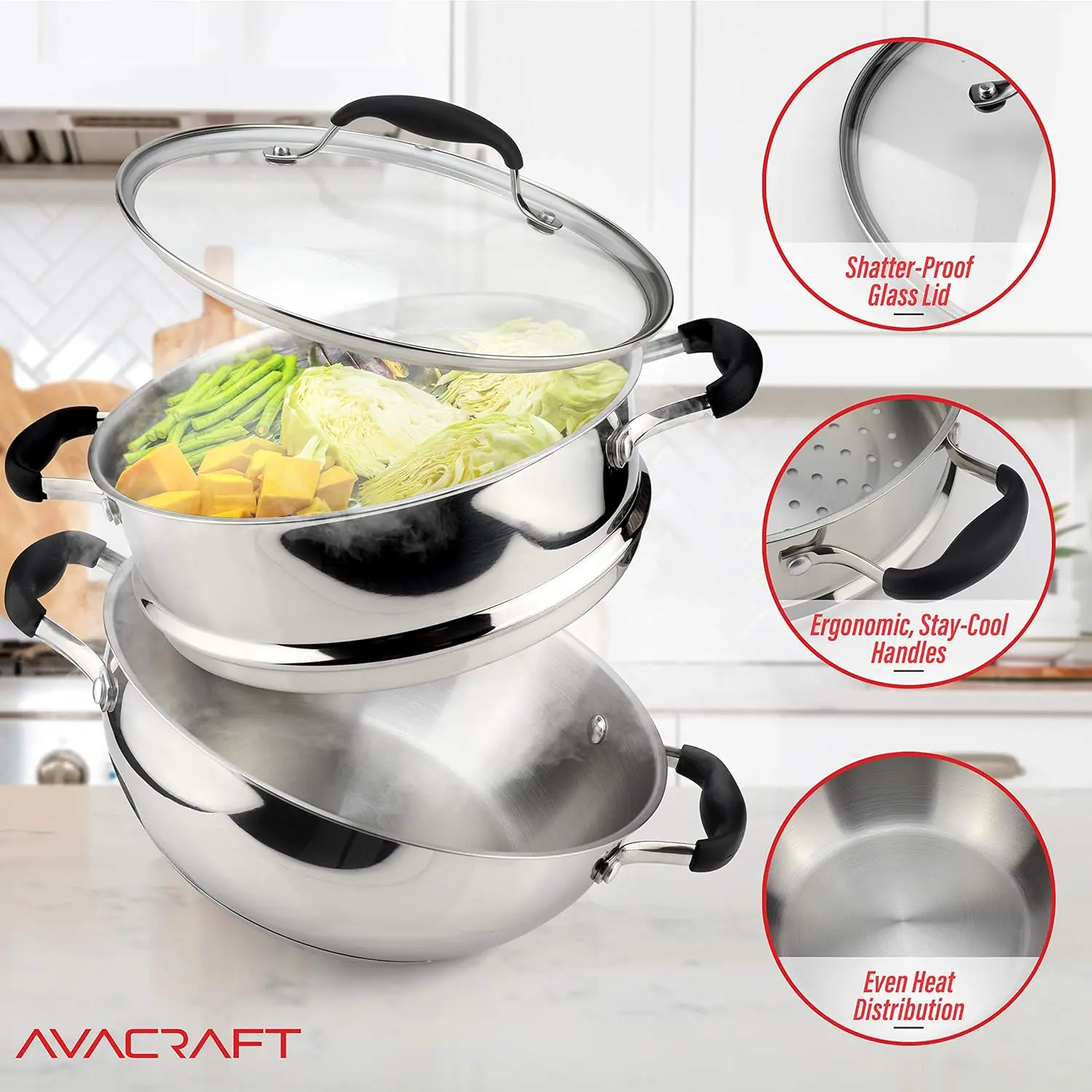 Stainless Steel Steamer Cooking Pot Set, Steamer for Cooking, Steamer Pan Set with Glass Lid, Momo Maker 3