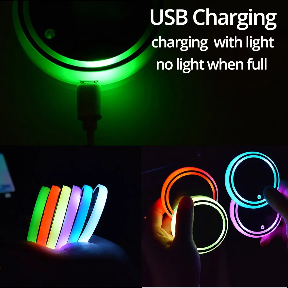 2Pcs Universal Led Car Cup Holder Bottom Pad LED Light Cover Trim Atmosphere Lamps Anti Slip Mats Colorful Coaster Retrofitting