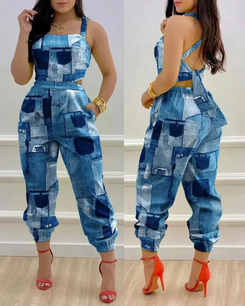 Summer Sleeveless Long Jumpsuit Women Fashion Casual Printing Square Neck Sleeveless Hollowed-out Backless Jumpsuit Women