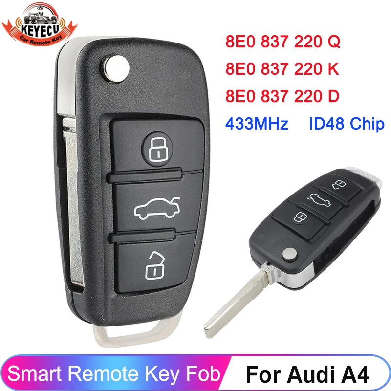 KEYECU 433MHz 315MHz ID48 / 8E Chip Remote Car Key Fob 8E0837220Q 8E0 837 220 Q K D For Audi A4 S4 RS4 2005 2006 2007 2008 2009