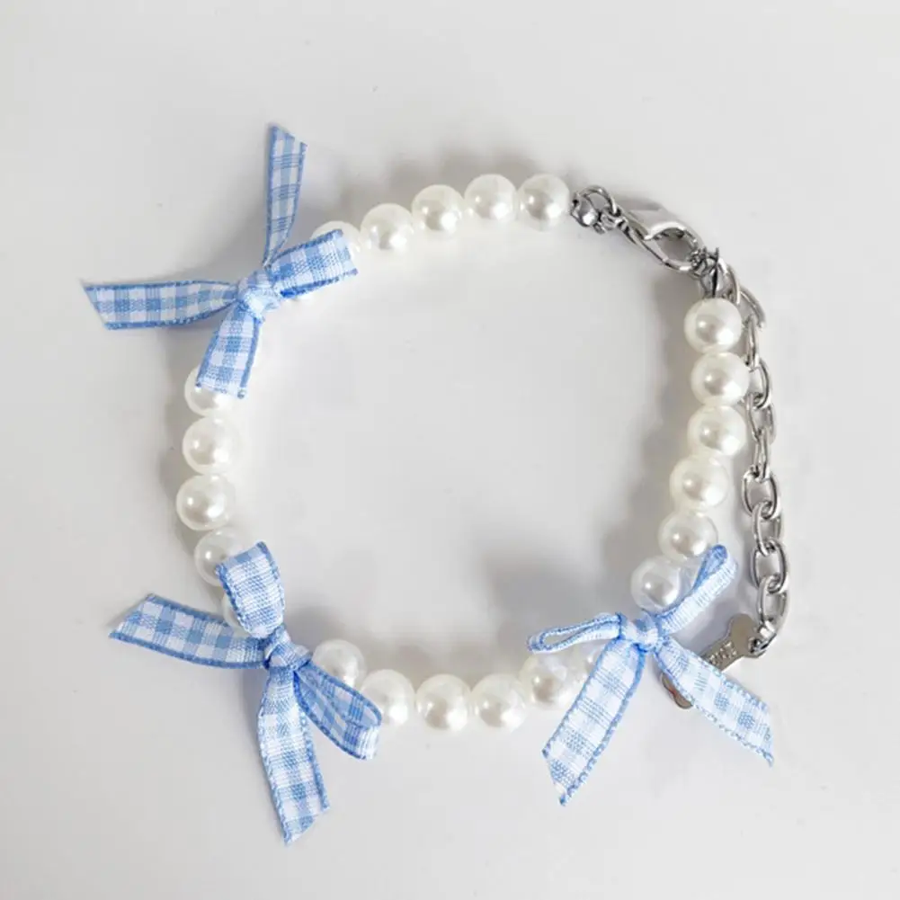 Pet Necklace Non-Fading Comfortable Fit Faux Pearl Dog Bowknot Collar Adjustable Size Bright Colored Pet Collar For Dogs Cats