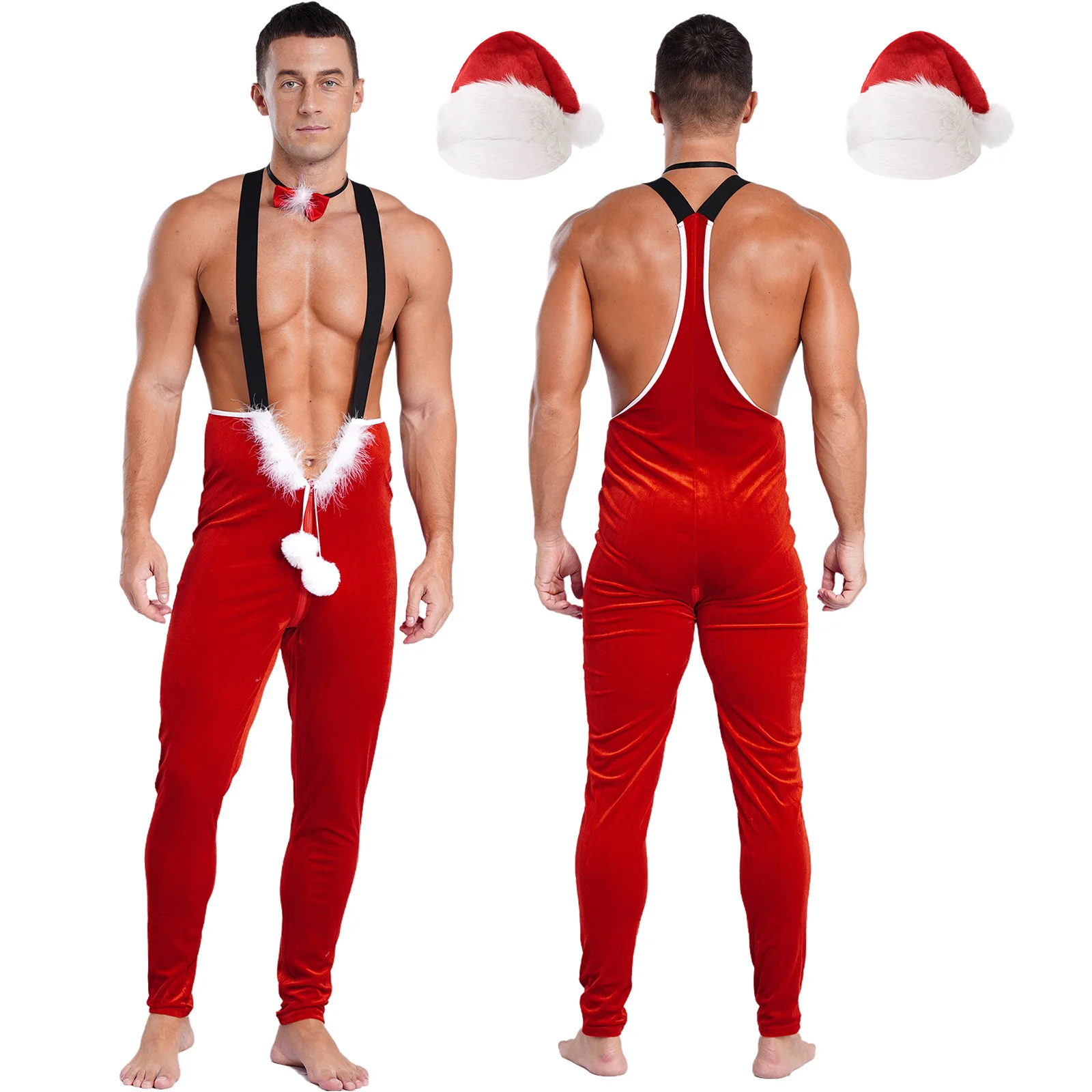 Mens Christmas Santa Claus Cosplay Costume Plush Jumpsuit Suspender Pants with Hat for Festival Xmas New Year Party Clubwear