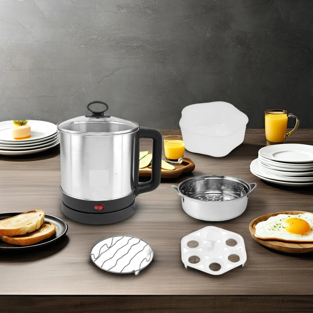 Stainless Steel Multi-Cooker Kettle with Steamer Bowl 6 Eggs Stand & Glass Lid Household Use SS Rim for Boiling