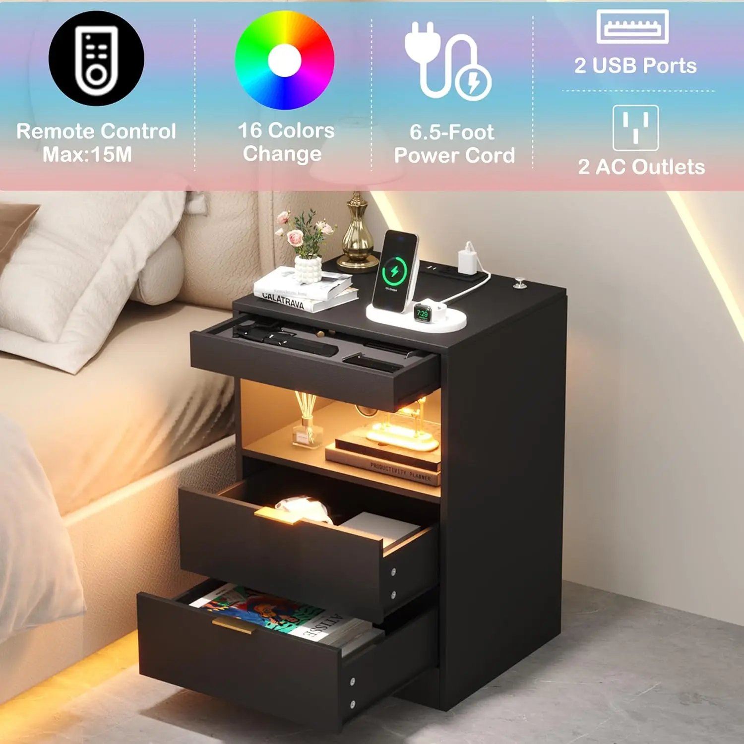 e مع قاعدة شحن ودرجين، وطاولة جانبية للأريكة السود...