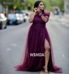One Shoulder Bridesmaid Dresses Long Sleeves Soft Tulle A-Line Side Slit Bridesmaid Dress Wedding Party Dresses with Zipper Back