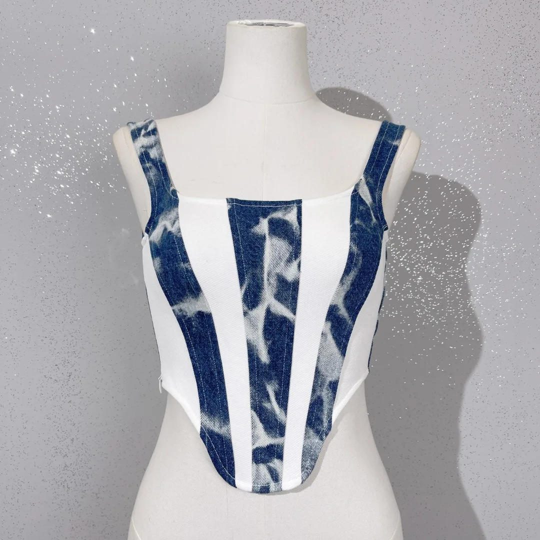 

Tie-dye contrast color stitching fish bone slim denim strap tube top casual fashion 2023 summer new style 0328