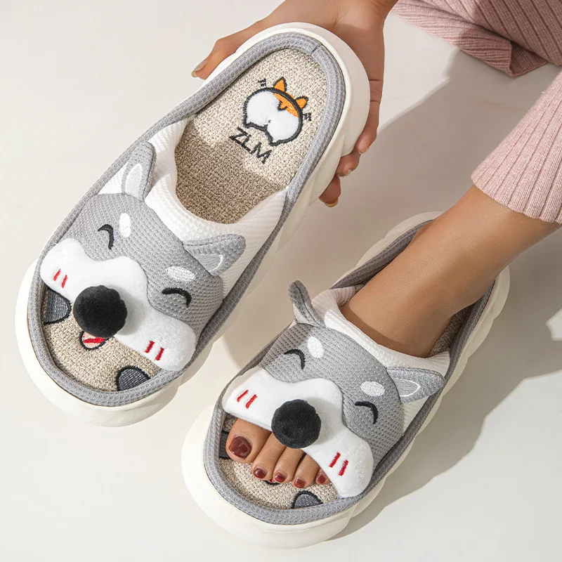 Linen Platform Slippers Women Home Cute Cartoon Dog Designer Shoes Girls Fashion Casual House Slipper Ladies Elegant Open Toe 2