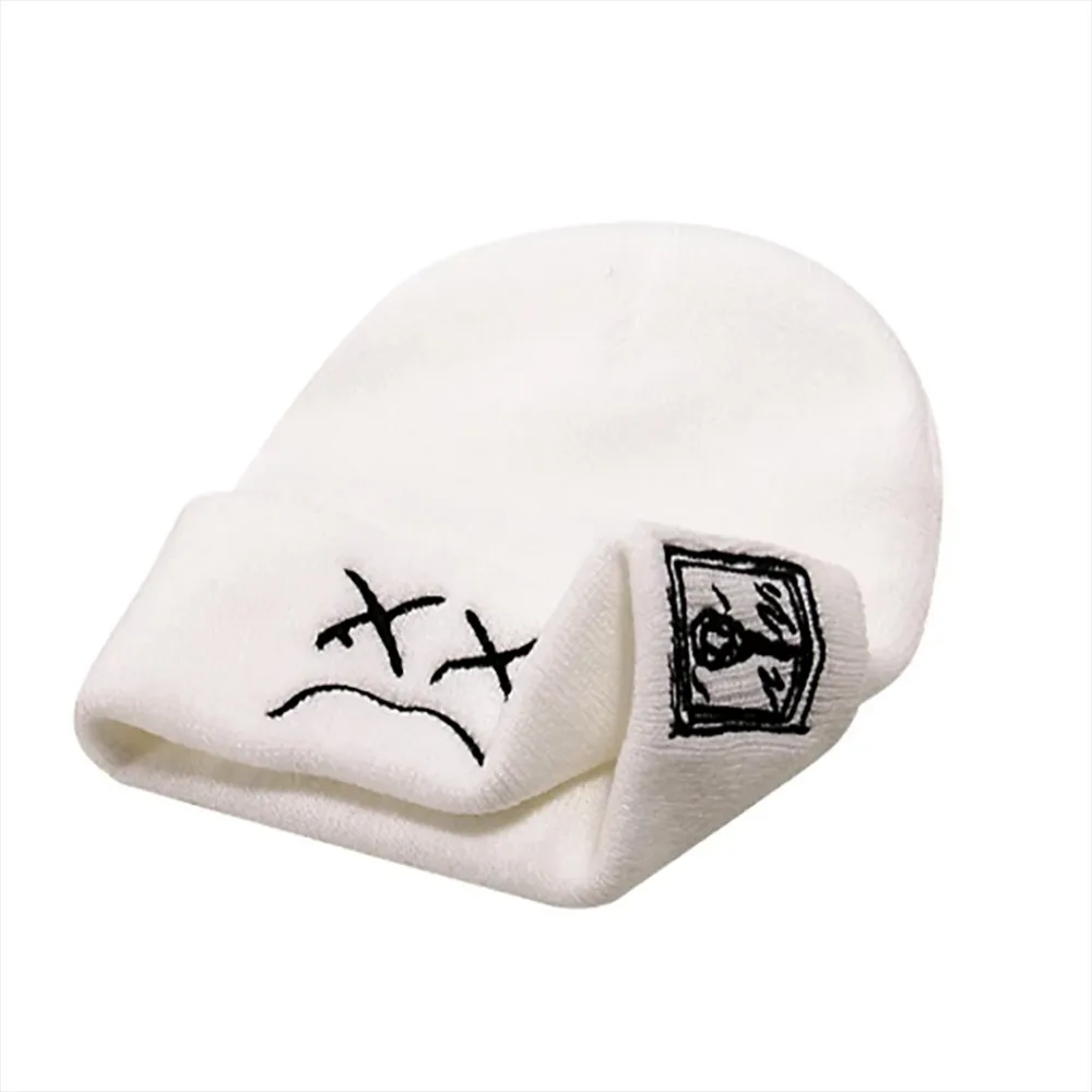 Beanie, Knitted Hat, hip-hop style, Embroidered Knitted Hat With Sad Expression, Warm Woolen Hat for Men and Women Cap 3