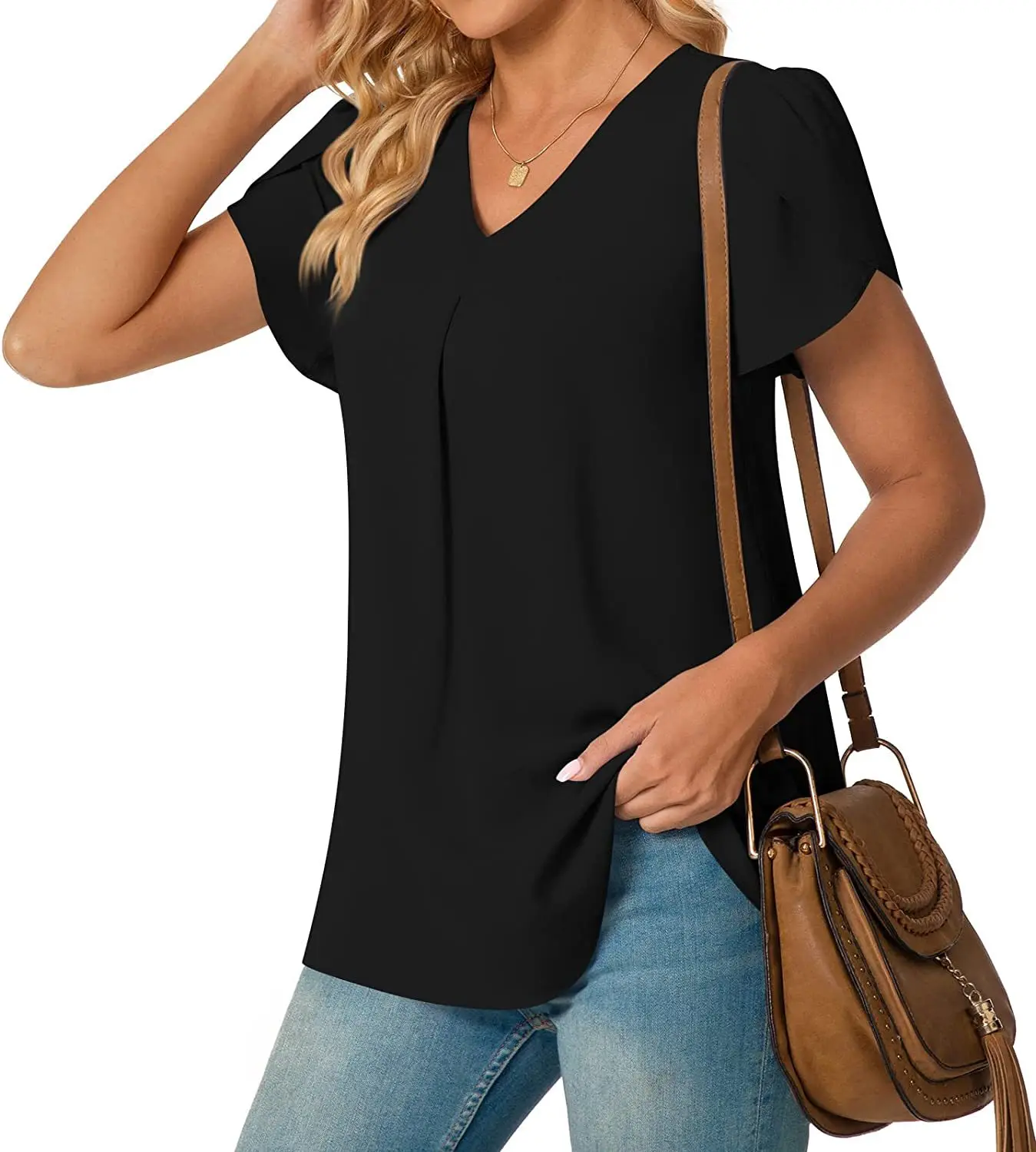Elegantes Damen Top Bluse Blume 2024 Sommermode Einfachheit Kurzarm Solide V-Ausschnitt Pendler Büro Weibliches Hemd S-XXL