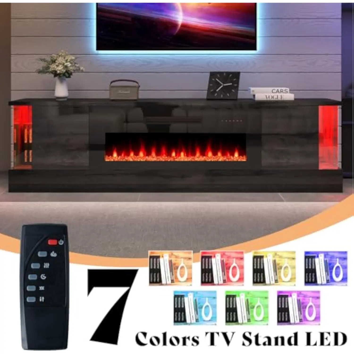 70 Glossy Oak Fireplace TV Stand with 36 Fireplace for TVs up to 80 LED Lights Fireplace Entertainment Center with Flip Doors 5