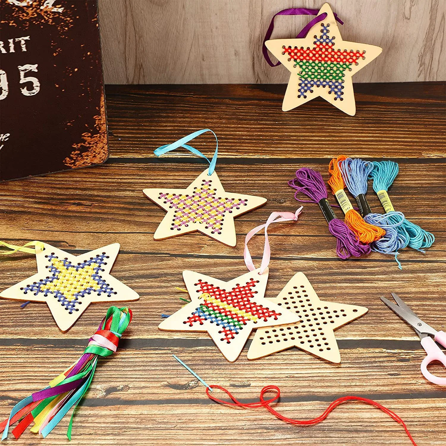 Wooden Cross Stitch Bookmark and Star Kit Tag 1set Contains 4 wood chips 4 lanyard 4 color threads and 4 plastic needles wooden bookmark bookmarks stationery supplies