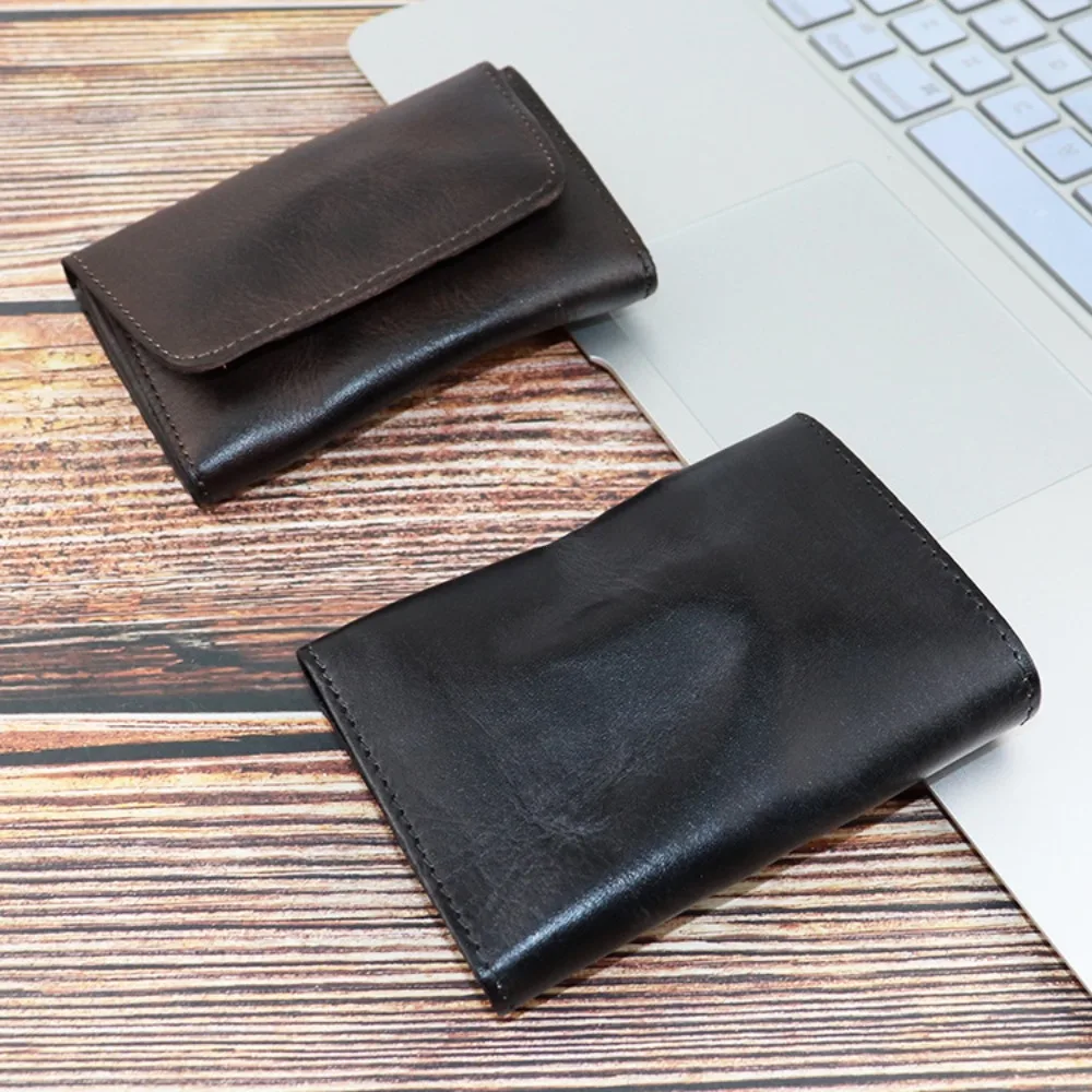 Vintage Genuine Cowhide Leather Compact Wallet - Handmade Unisex Card Holder & Coin Purse