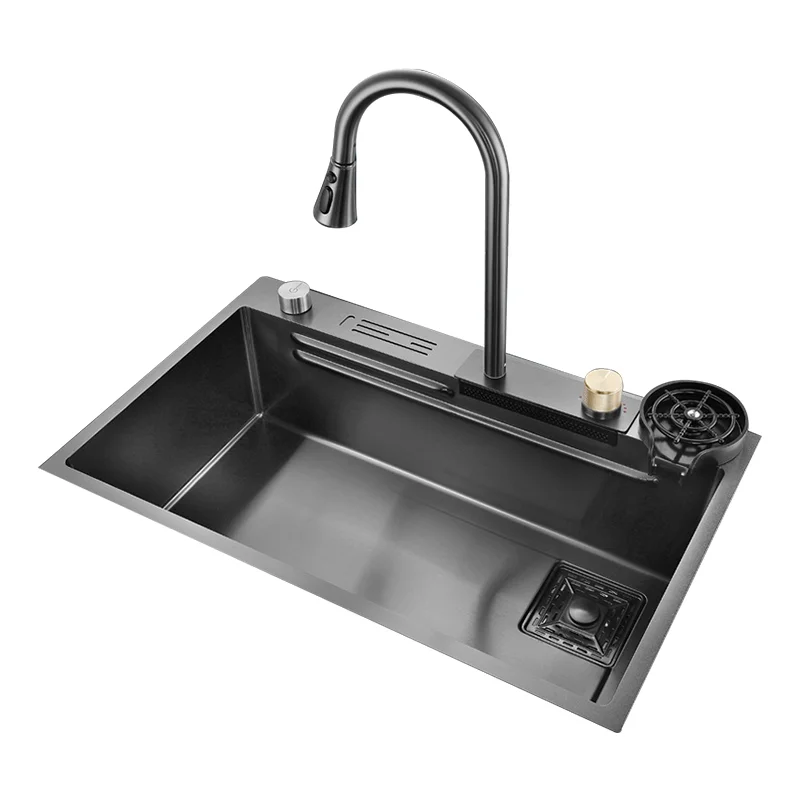 

304 Stainless Steel Kitchen Waterfall Sink Large Size Sink Dish Vegetable Basin With Knife Holder Faucet Drain Accessories Set