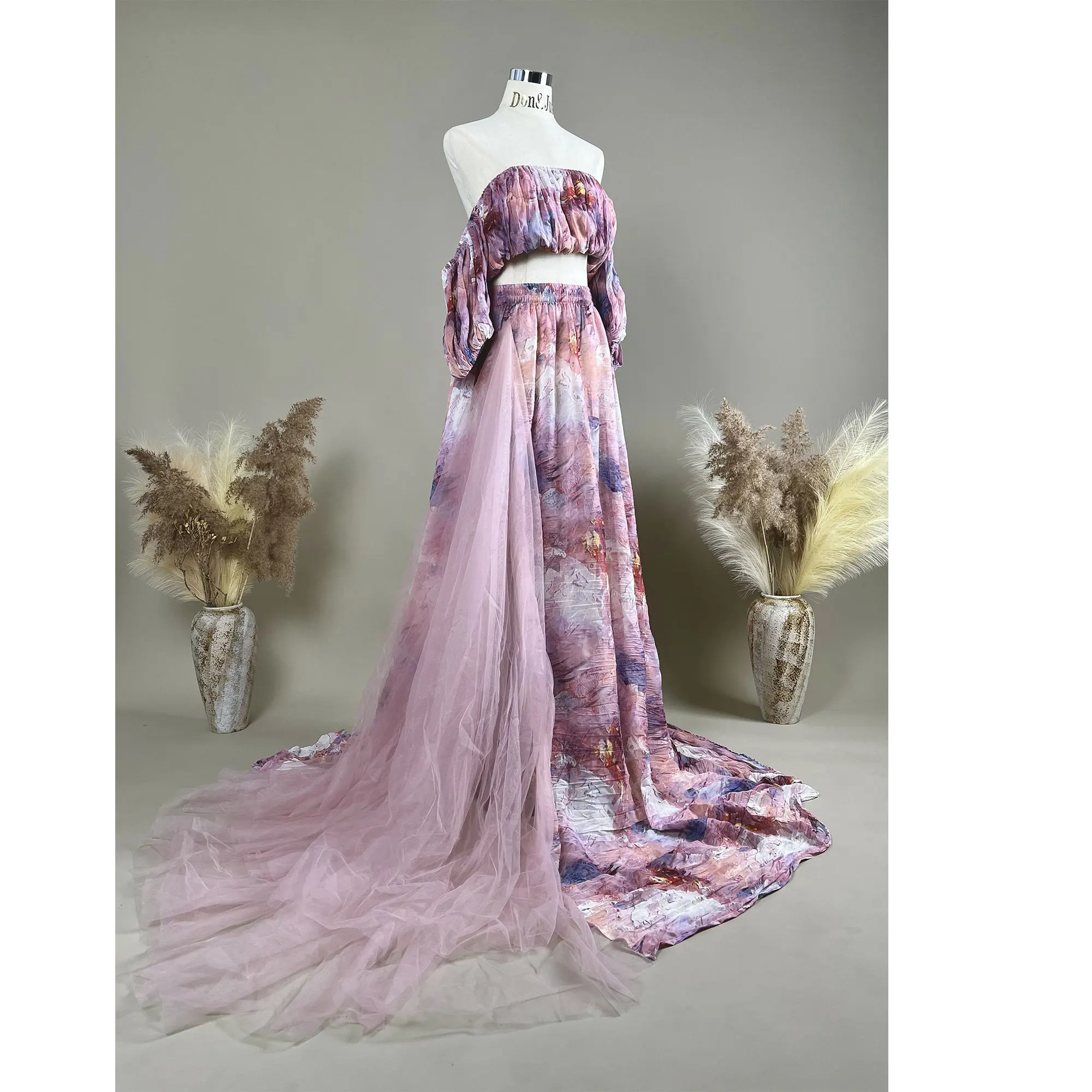 Don&Judy Maternity Dress Photography Off Shoulder Tie Dye Print Side With Tulle Party Wedding Gown Pregnant Women Photoshoot Set