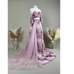 Don&Judy Maternity Dress Photography Off Shoulder Tie Dye Print Side With Tulle Party Wedding Gown Pregnant Women Photoshoot Set