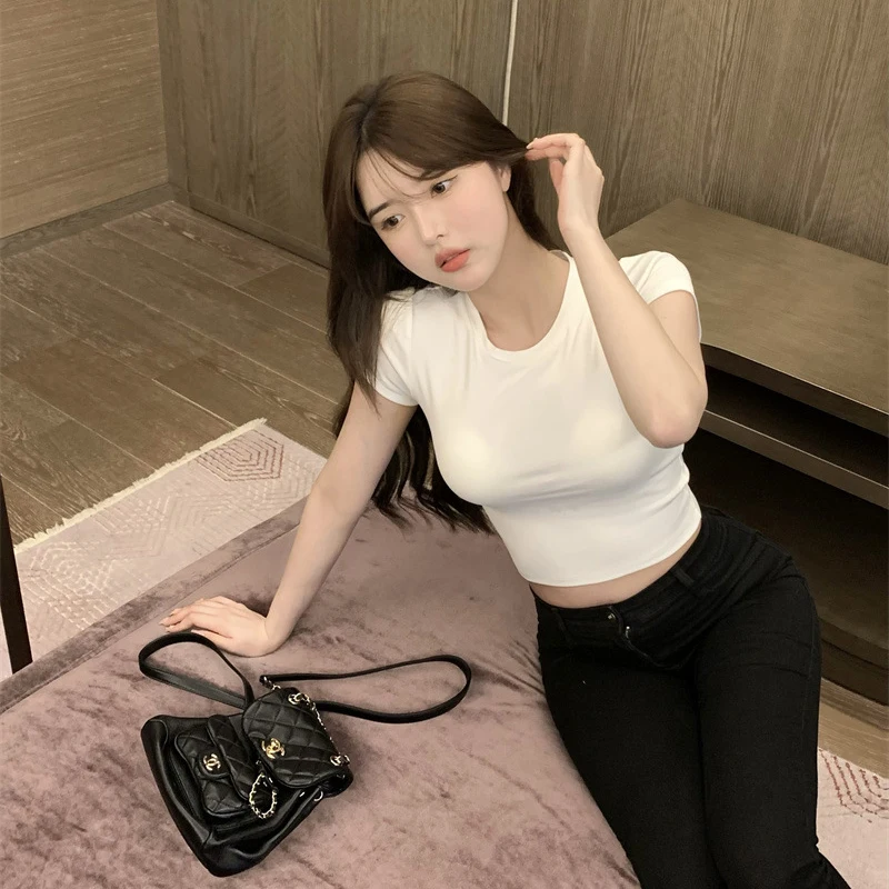 Szexi póló női nyári vékony póló női, egyszínű, rövid ujjú koreai Kpop vékony O-nyakú póló női ruhák Top943_voghion.com