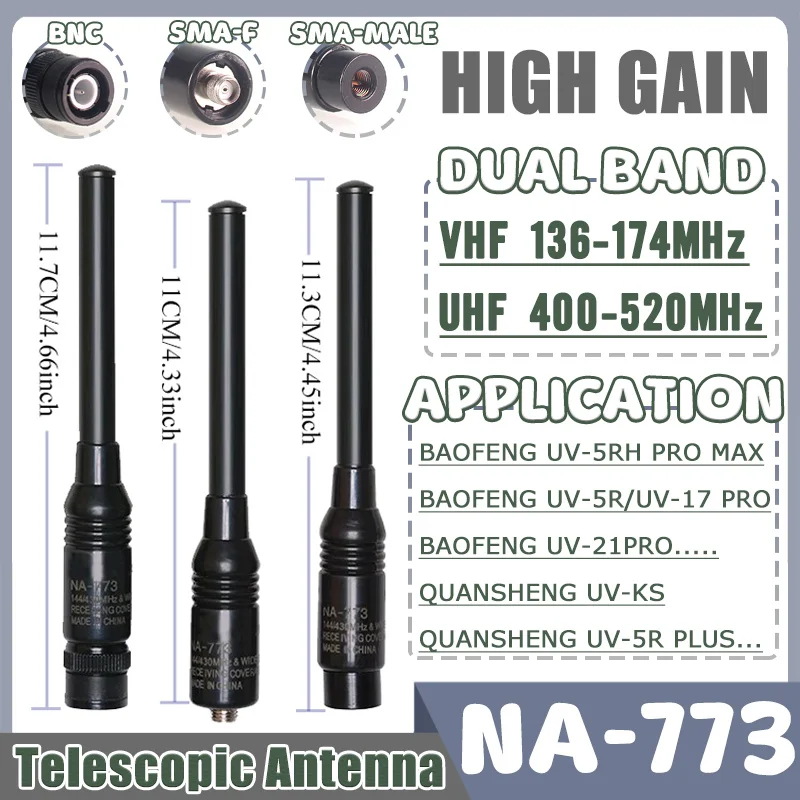 Antenne Télescopique Double Bande NA-773 Pour Baofeng UV-5R - Connecteur SMA Femelle, Gain 15/3 DBi, 144/430 MHz