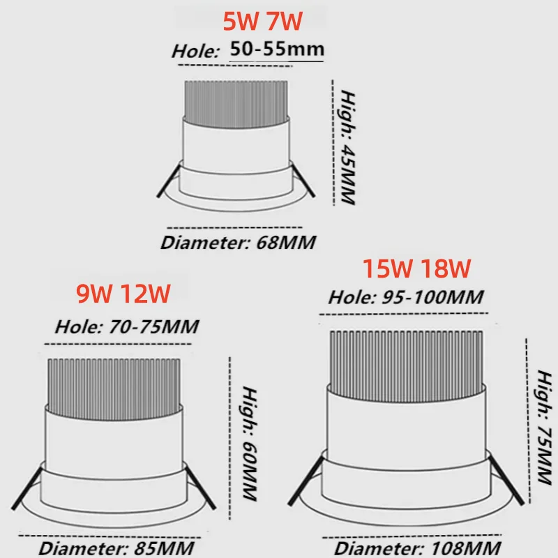 밝기 조절 COB LED 천장 조명 3W 5W 7w 9w 12w 15w18w 회전 AC85-240V