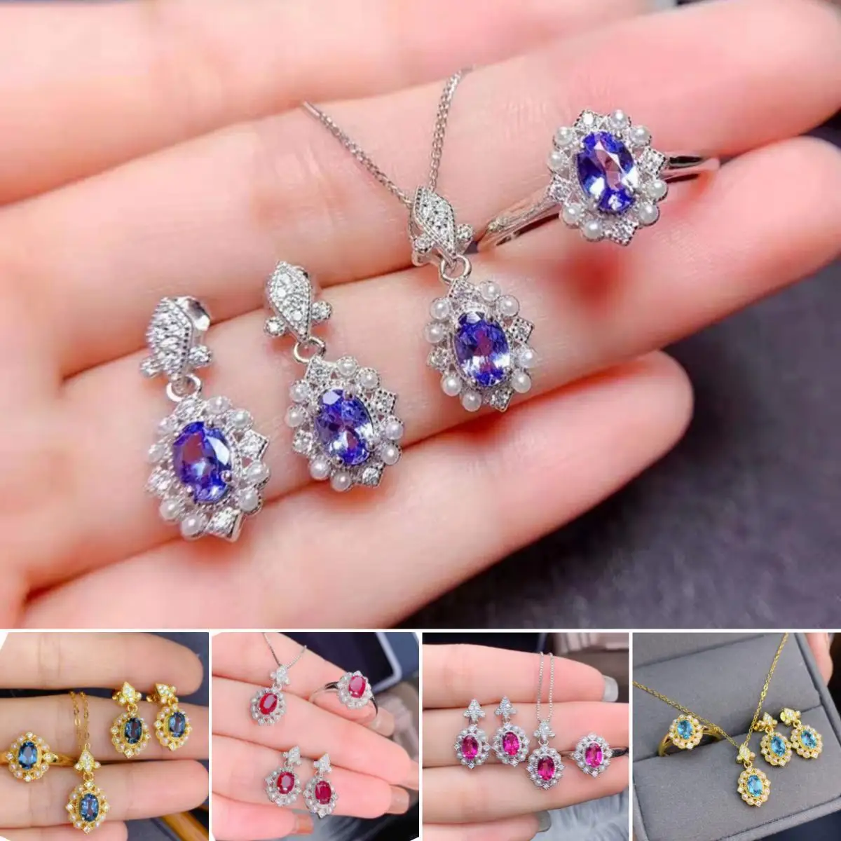 

FS 4*6Natural Tanzanite/Ruby/Topaz Earrings Rings Pendants Set S925 Sterling Silver Fine Fashion Jewelry for Women MeiBaPJ