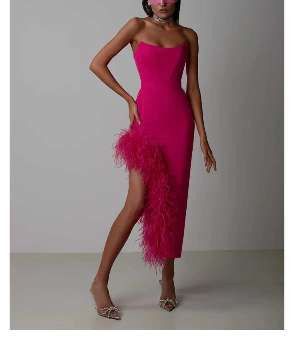 

2023 All Season Chic Women's High Quality Off-shoulder Feathers Dress C989