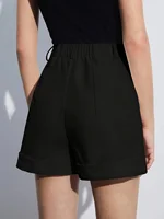 Black Women's Oversized Woven Solid Color Casual Shorts Comfortable Loose Fit High Waist Knee-Length Summer Fashion Black - Image 2