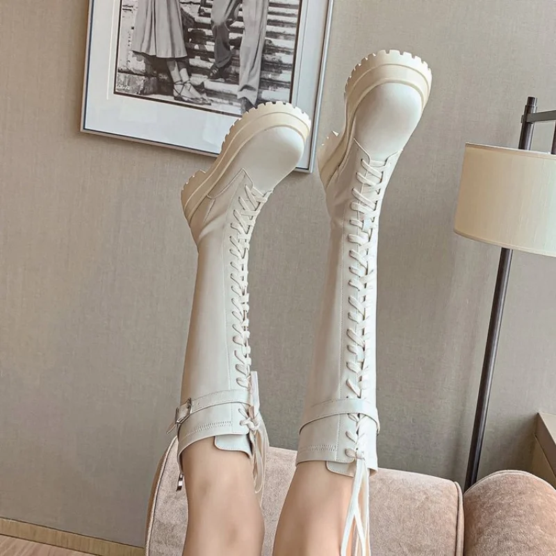 여성용 겨울 나이트 부츠, 무릎 높이 긴 스퀘어 힐, 레트로 두꺼운 오토바이 부츠, 블랙 화이트 보타스 무저, 신상 플랫폼