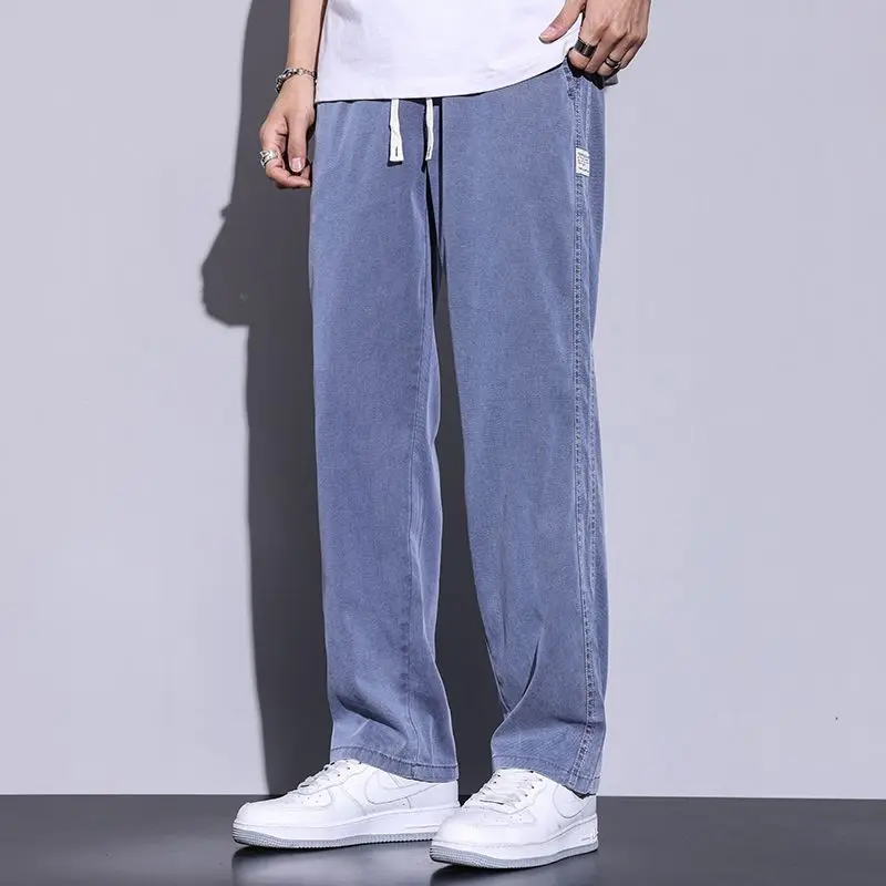 

Summer Solid Color Elastic Waist Straight Pants Man High Street Casual Loose Pockets Drawstring All-match Cowboy Thin Trousers