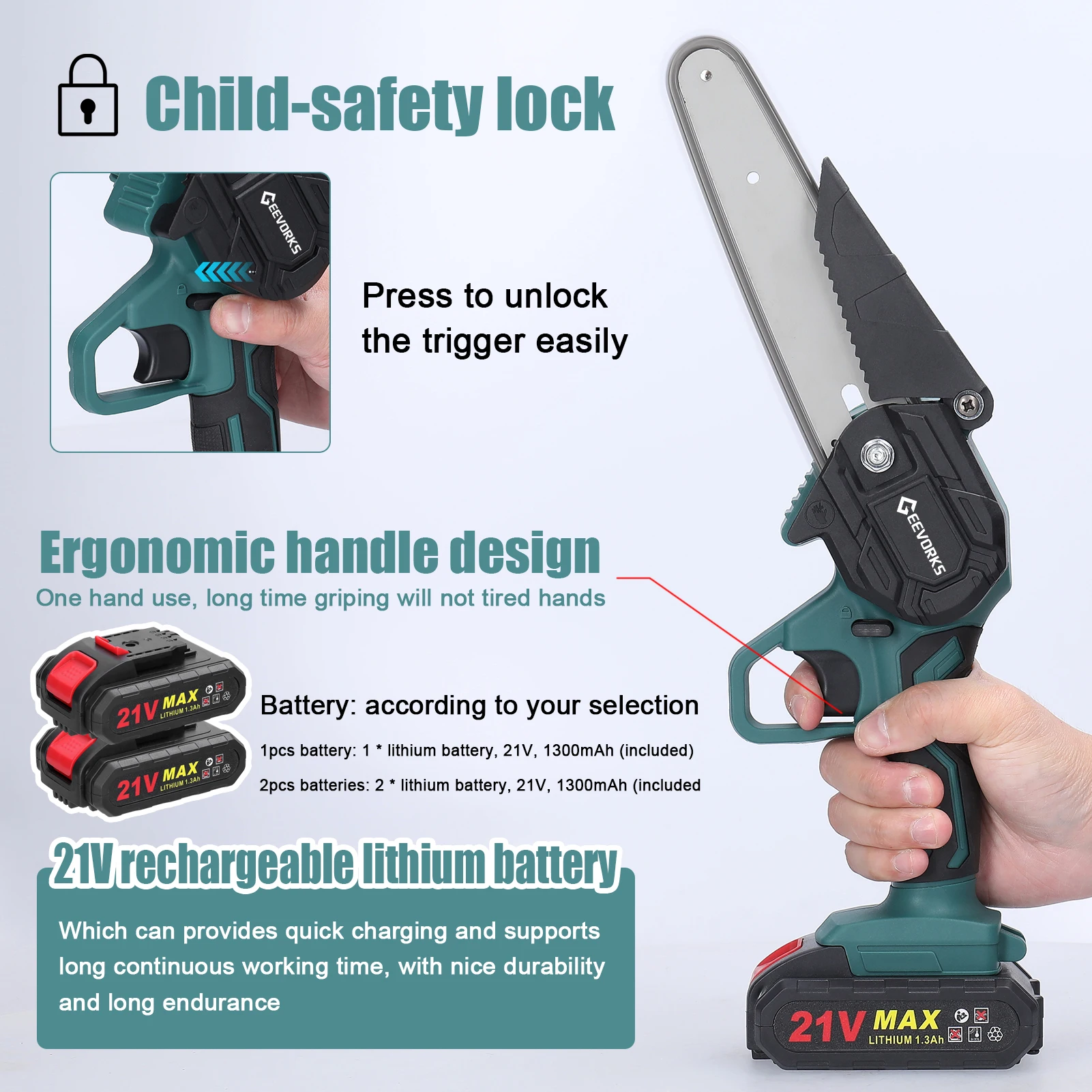21V 6inch Electric Chainsaw Rechargeable Electric Pruning Saws One-handed Woodworking Tool for Garden Orchard Branch Clip Cutter