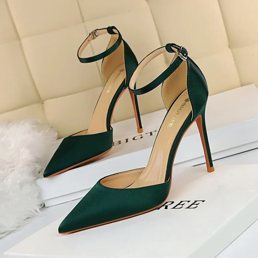 

BIGTREE Shoes Fashion New Women Pumps Green High Heels Satin Women Shoes Stiletto Heels Summer Ladies Sandals Sexy Party Shoes