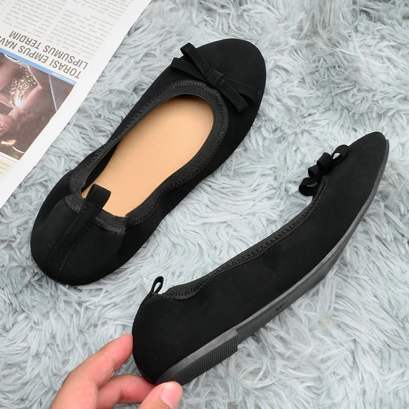 COSYSUSY Ladies Black Nubuck Elastic Pump Bows Embellished