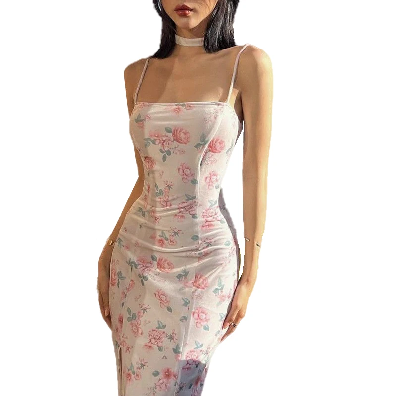 

Pink Rose Print Dress, Summer Sexy Sleeveless Sling Club Party Dresses, Back Lace Up Side Split, French Women Vestidos