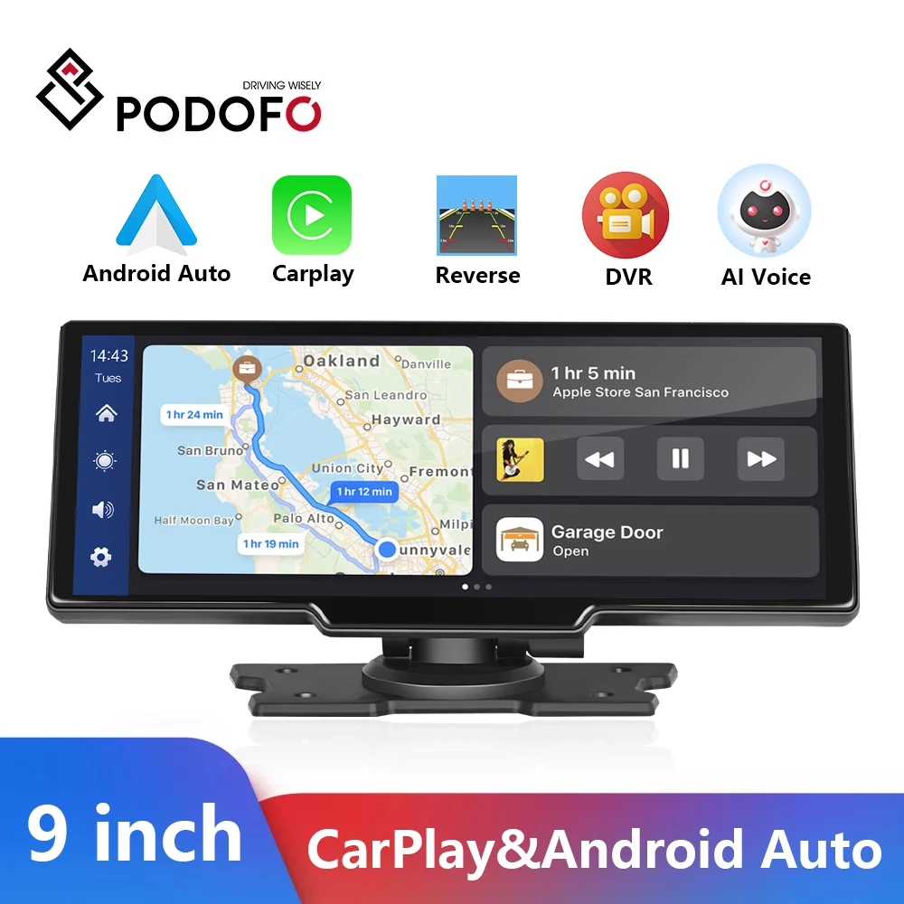Podofo 9.3" Mirror Monitor Dash Cam Rearview Camera Wireless Carplay