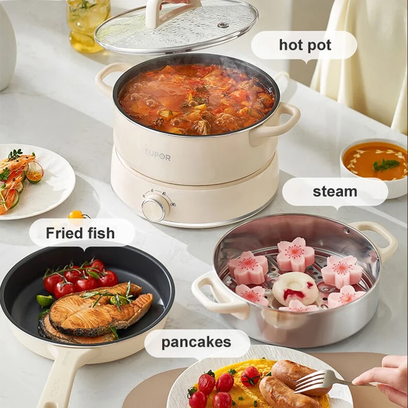 SUPOR Travel Rice Cooker Portable Split Frying Pan Electric Stew Soup Pot Boiler Cooking Skillet Mini Hotpot Food Steamer