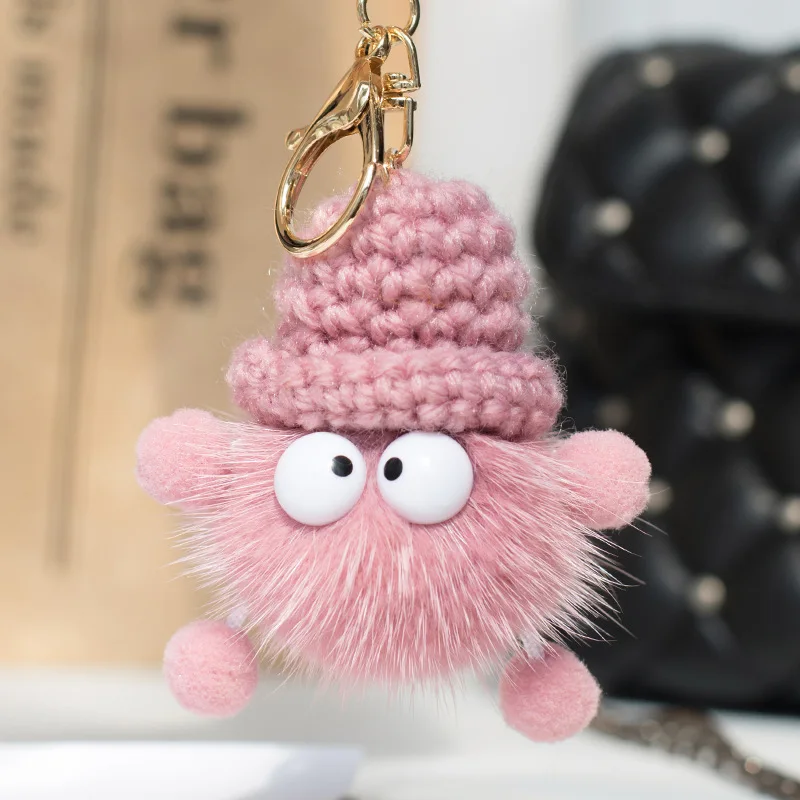 Cute Pluff Monster Keychain Real Mink Fur Key Chains For Women Bag