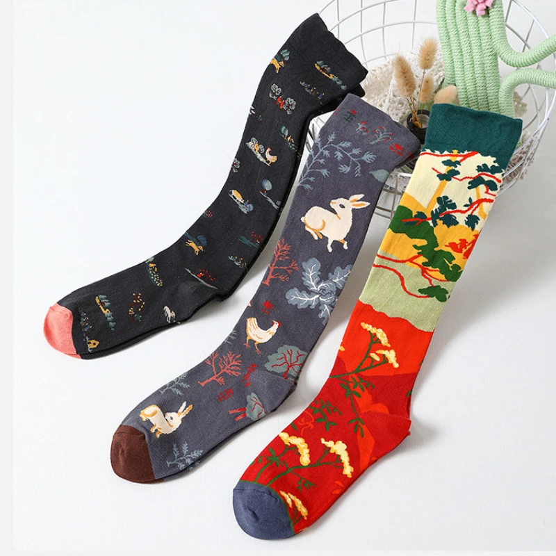 1 pair Oil Painting Long Socks Retro Art Spring Summer Comfortable Breathable Thin Calf Artsy cotton socks Stockings Women
