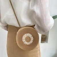 Flower Graphic Circle Straw Bag, Vintage Shoulder Beach Bag, Women's Crossbody Purse Mini Floral Decor Straw Crossbody Bag - Image 3