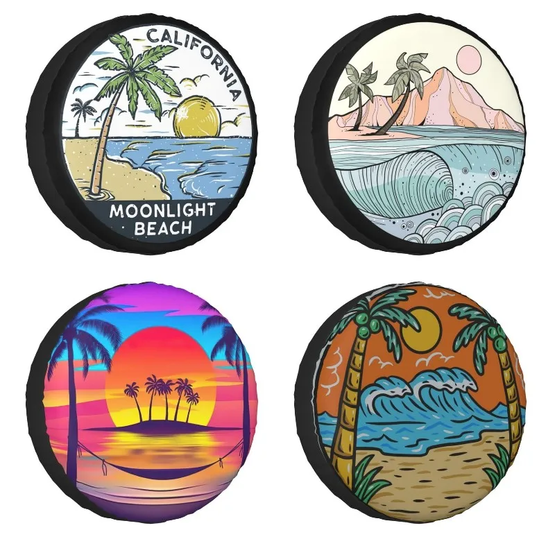 

Vintage Moonlight Beach California Tire Cover 4WD 4x4 Palm Trees Spare Wheel Protector Fit for Honda CRV 14" 15" 16" 17" Inch