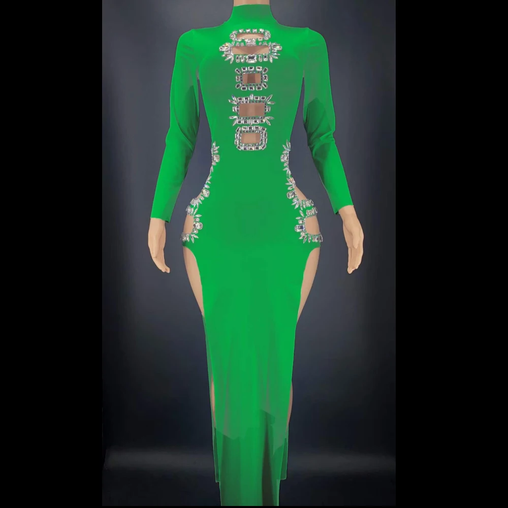 

Multicolored Hollow Out Rhinestones Long Sleeves Sexy Split Dress For Women Evening Clothing Singer Ballroom Dance Costumes