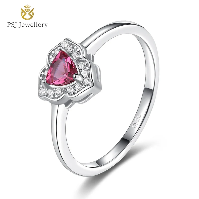 

PSJ Jewelry Luxury Triangle Cut Ruby Rhodium Plated Promise Solitaire 925 Sterling Silver Rings for Women Engagement Wedding