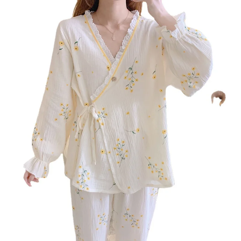 Cotton Nursing Pajamas Set Forwomen Confinement Clothes Long Sleep Prenatal Postpartum Double Gauze Absorb Sweat Sleep Tops