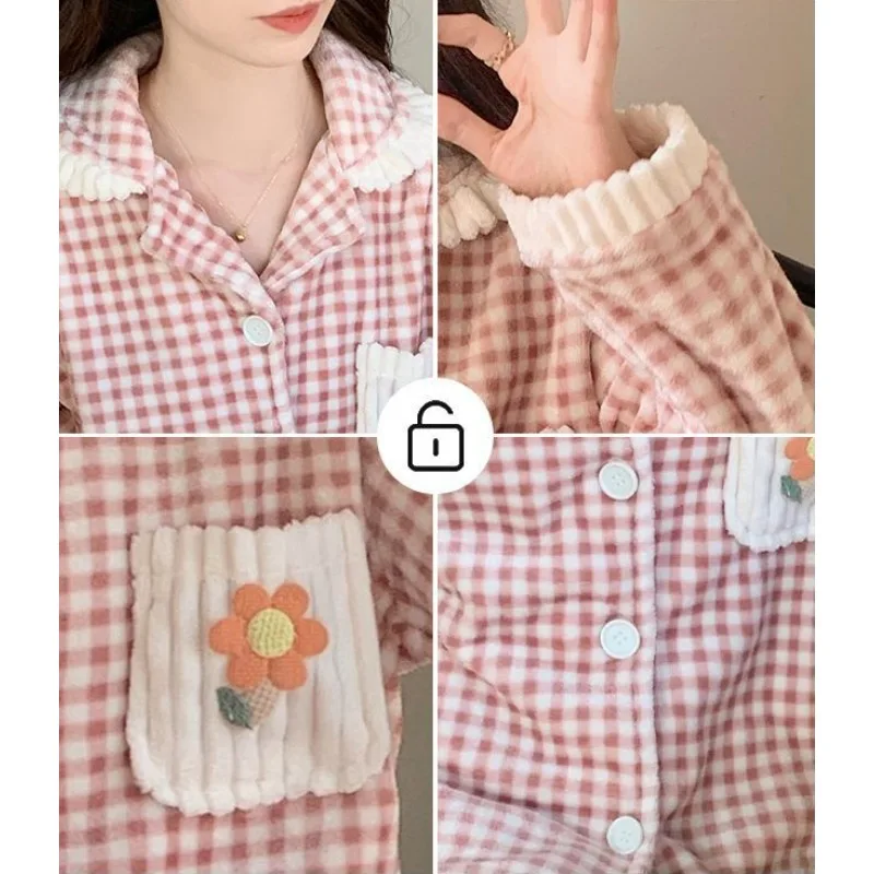 Autumn Winter Women Coral Velvet Sleepwear Thickened Cardigan Sweet Cute Loungewear Suit Flannel Long Sleeve Female Pajamas Set