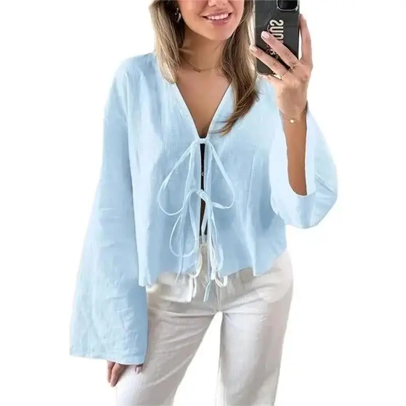 Женская однотонная повседневная рубашка с глубоким v-образным вырезом на