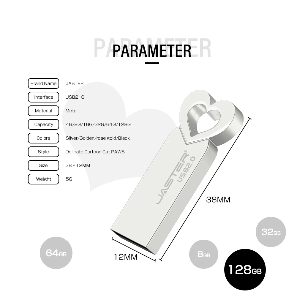 JASTER USB 2.0 Flash Drive 64GB Heart-shaped Metal Fashion Pen drive 32GB 16GB High speed Memory stick 8GB 4GB U disk For Laptop