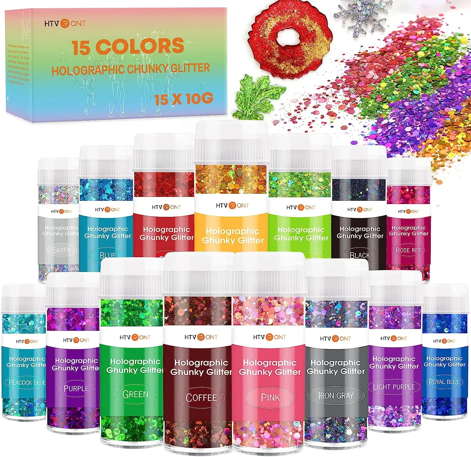

HTVRONT 150g 15 Colors Holographic Fine Glitter Powder for Resin Non-Toxic Glitter for Nails Resin Candle Making Crafts Decor