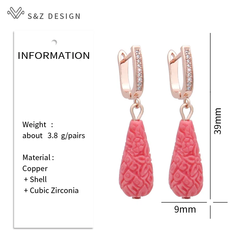 S&Z DESIGN New Fashion Water Drop Carve Flower Synthetic Shell Dangle Earrings For Women Wedding Cubic Zirconia Jewelry Gift