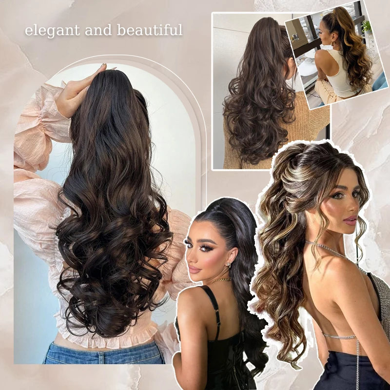 24inch Wavy Ponytail Hair Extensions Wig Long Wavy Curly Claw Clip Ponytail Hairpiece for Women Daily&Party Use Hair Accessories