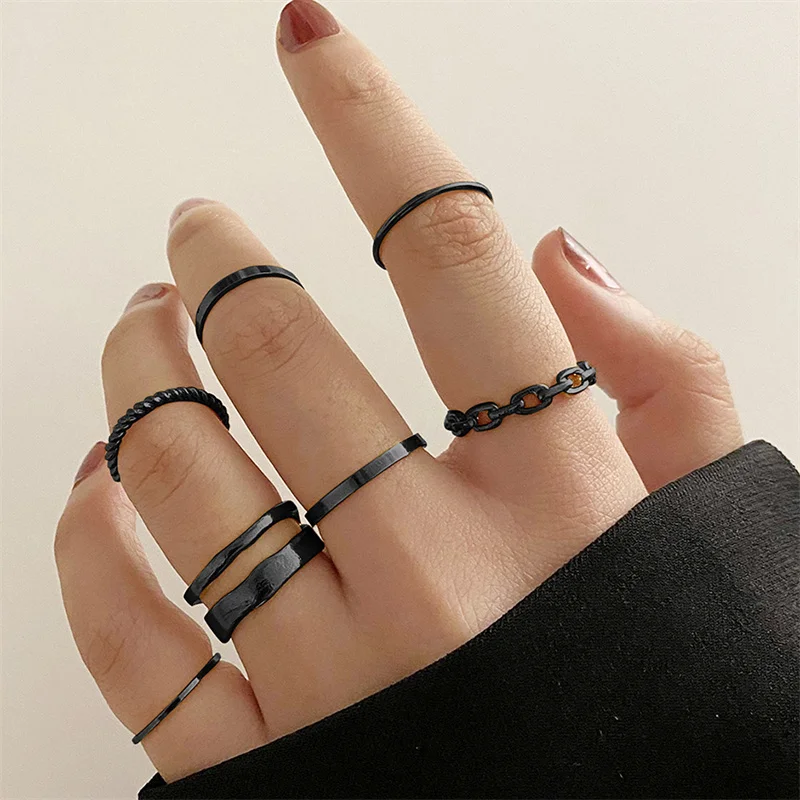 Punk Black Ring Set Snake Butterfly Heart Vintage Irregular Simplicity Finger Jewelry For Women 2024 New Trendy Gifts for Girl