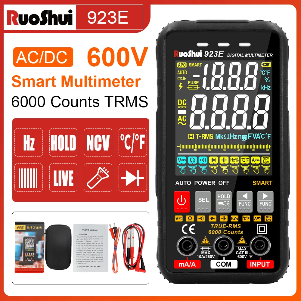 Digitale multimeter, intelligente elektrische brandwerende tester, NCV multitester TRMS 6000, overbelastingsbeveiliging, automatisch bereik, spanning, stroom, capaciteit, continuïteit, frequentie